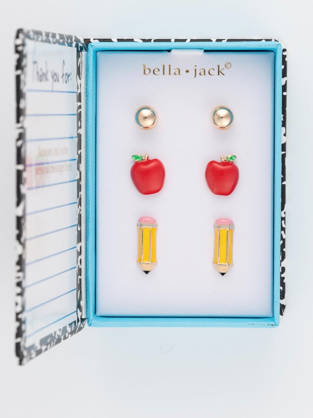 Bella Jack Teacher Stud Earrings Set Pencil Apple NWT Notebook Box